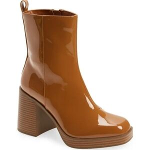 BP Milli Platform Block Heel Bootie Patent Tan Lark .. Size 7.5